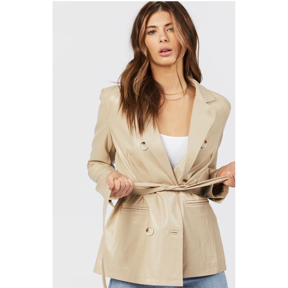 SHACI Beige Faux Leather Double Breasted Belted Blazer Jacket Women Size L